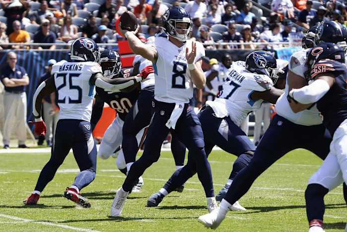Tennessee Titans quarterback Will Levis (8) looks to pass against the Chicago Bears during the first quarter at Soldier Field.